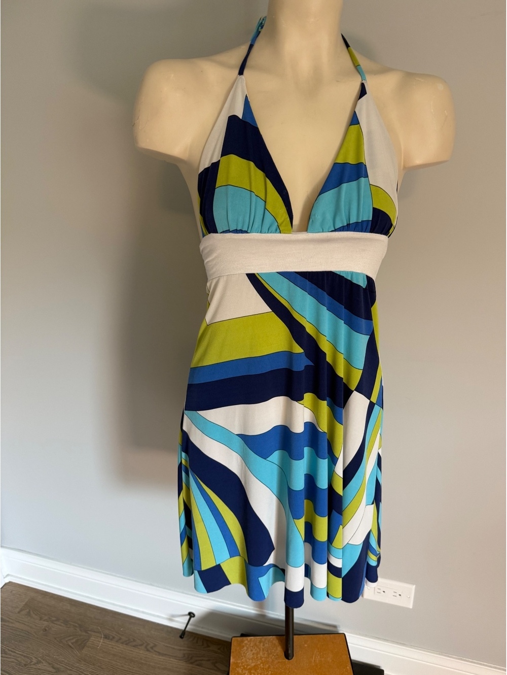 Women's Halter Neck Dress with Blue, Green, and White Abstract Pattern